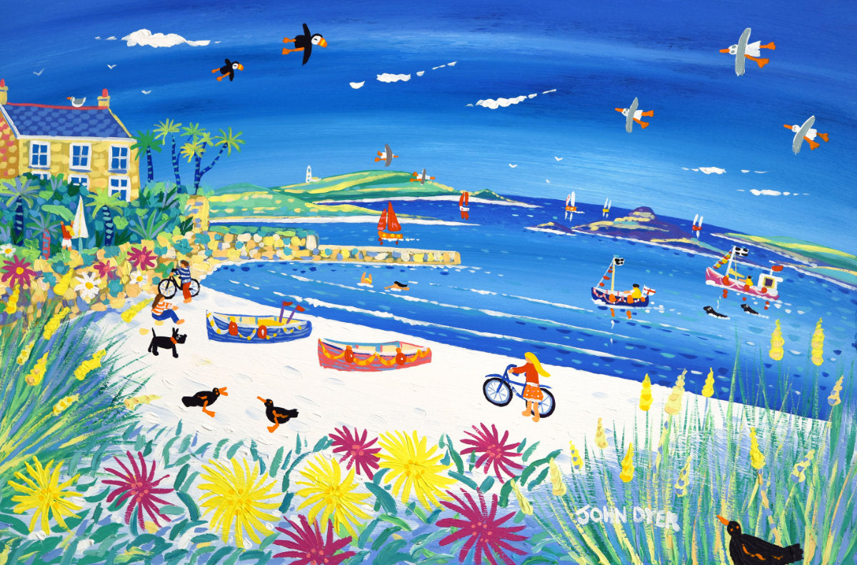 'Bikes on the Beach, Old Grimsby, Tresco', 24x36 inches acrylic on board. Cornwall Art Gallery Painting by Cornish Artist John Dyer