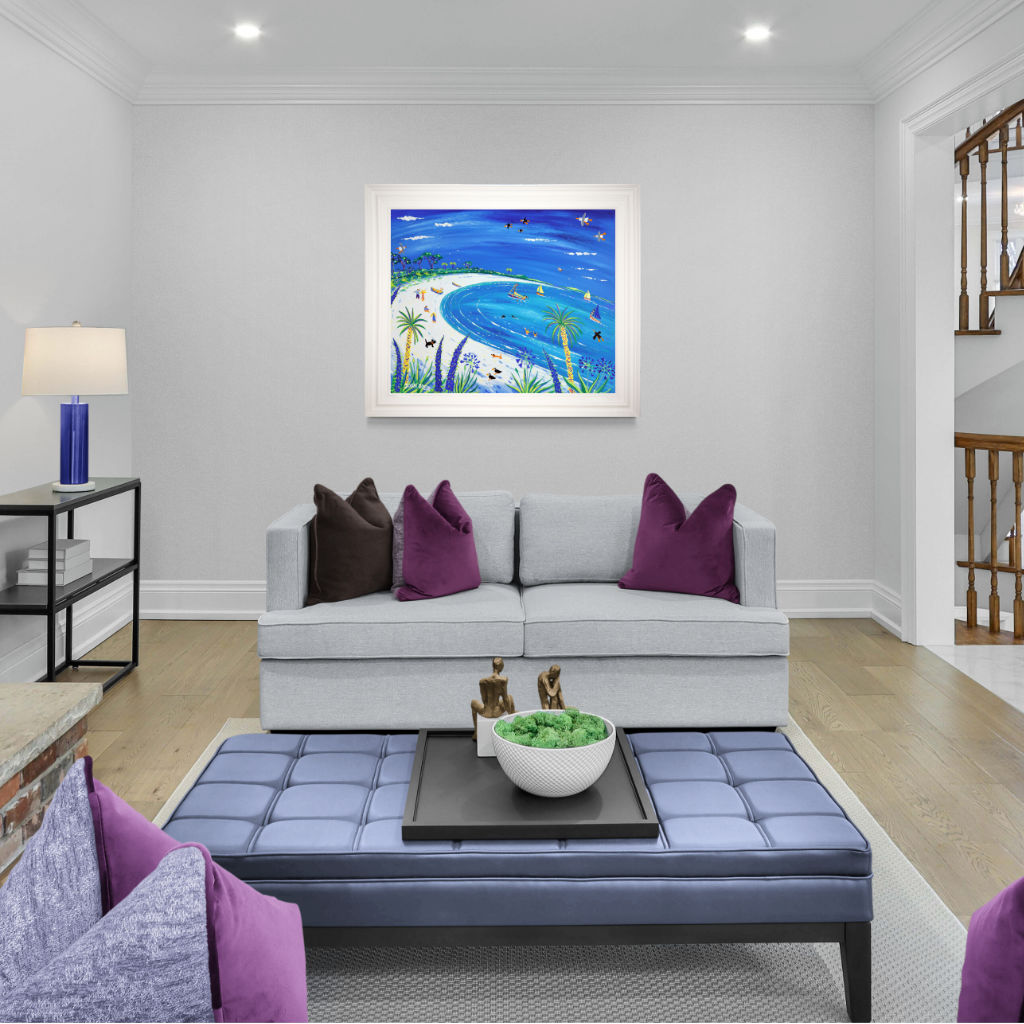 'Puffins at Pentle Bay, Tresco'. 33x40 inches original art acrylic on board. Paintings of Cornwall by Cornish Artist John Dyer. Cornwall Art Gallery