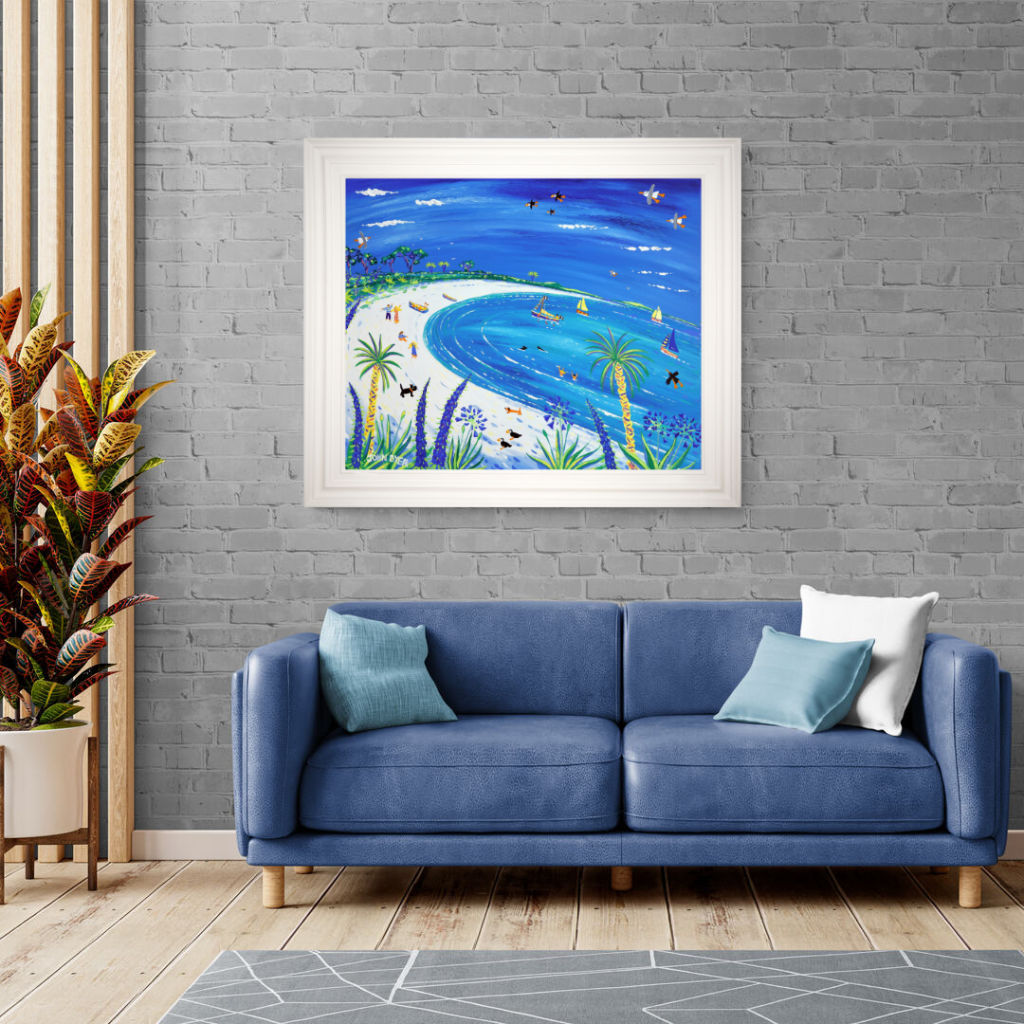 'Puffins at Pentle Bay, Tresco'. 33x40 inches original art acrylic on board. Paintings of Cornwall by Cornish Artist John Dyer. Cornwall Art Gallery