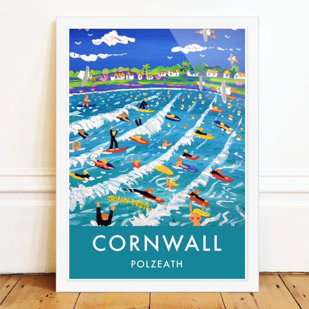 Vintage Style Travel Art Poster Print of Polzeath Beach with Surfers by John Dyer. Cornwall Art Gallery John Dyer