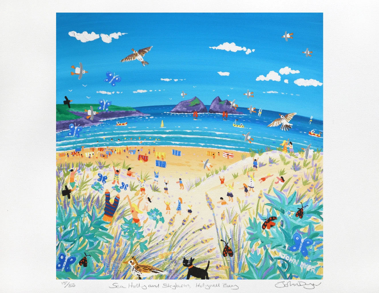 Limited Edition Print by Cornish Artist John Dyer. Sea Holly and Skylarks, Holywell Bay Beach, Cornwall. John Dyer