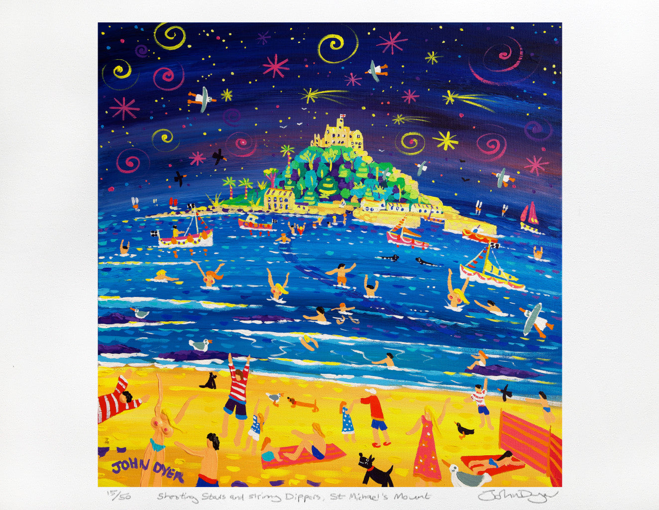 Limited Edition Print by Cornish Artist John Dyer. 'Shooting Stars and Skinny Dippers, St Michael's Mount'. Cornwall Art Gallery Print