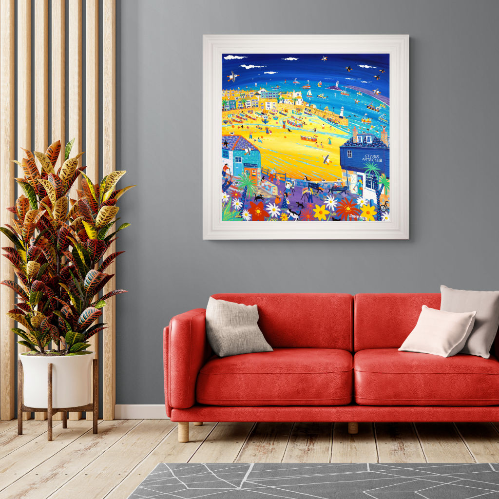 'Arty St Ives', 100x100 cm acrylic on canvas. Paintings of Cornwall by Cornish Artist John Dyer. Cornwall Art Gallery