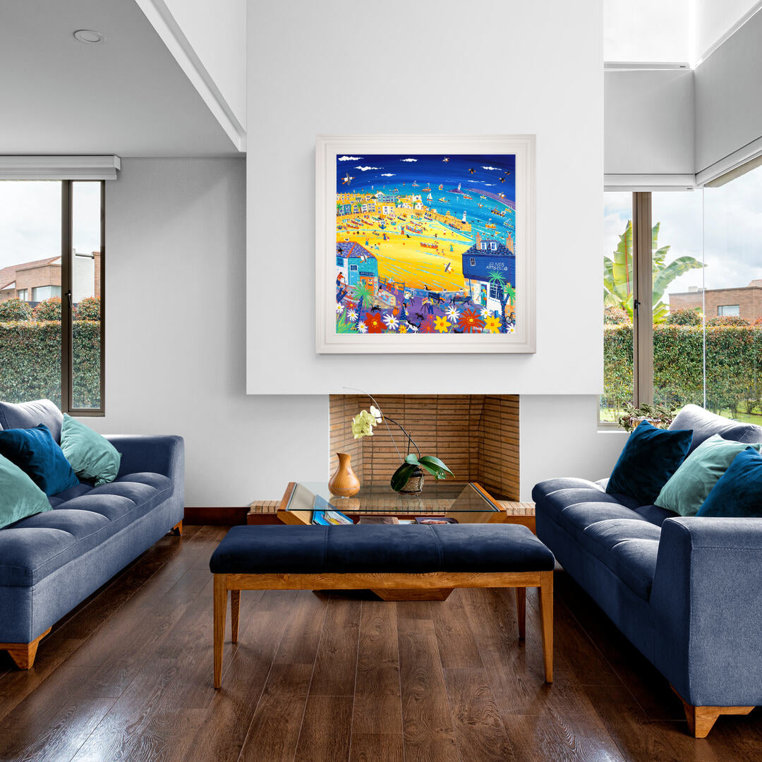 'Arty St Ives', 100x100 cm acrylic on canvas. Paintings of Cornwall by Cornish Artist John Dyer. Cornwall Art Gallery