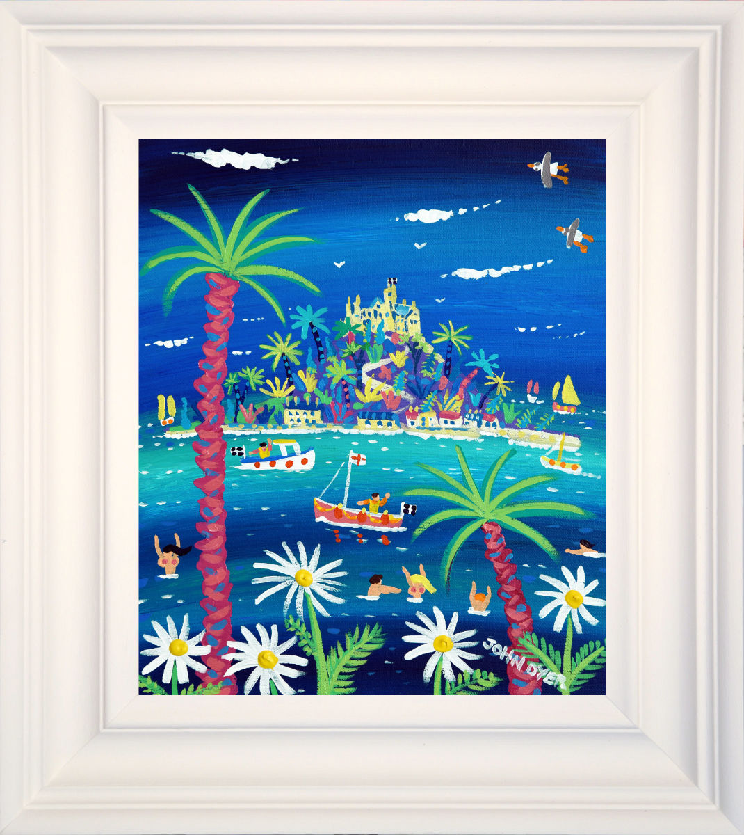 'Mount's Bay Skinny Dippers', 12x10 inches acrylic on canvas. Paintings of Cornwall. Cornish Artist John Dyer. Cornwall Art Gallery