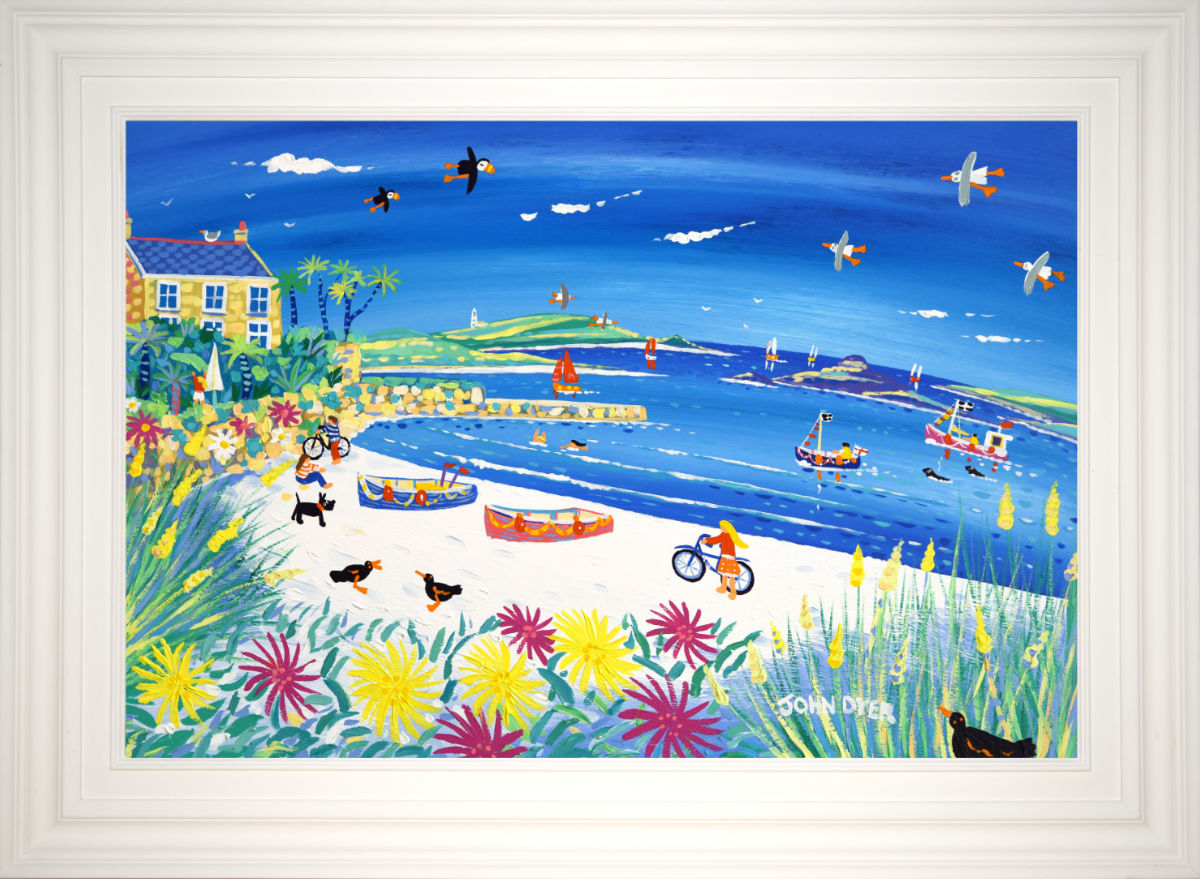 'Bikes on the Beach, Old Grimsby, Tresco', 24x36 inches acrylic on board. Cornwall Art Gallery Painting by Cornish Artist John Dyer