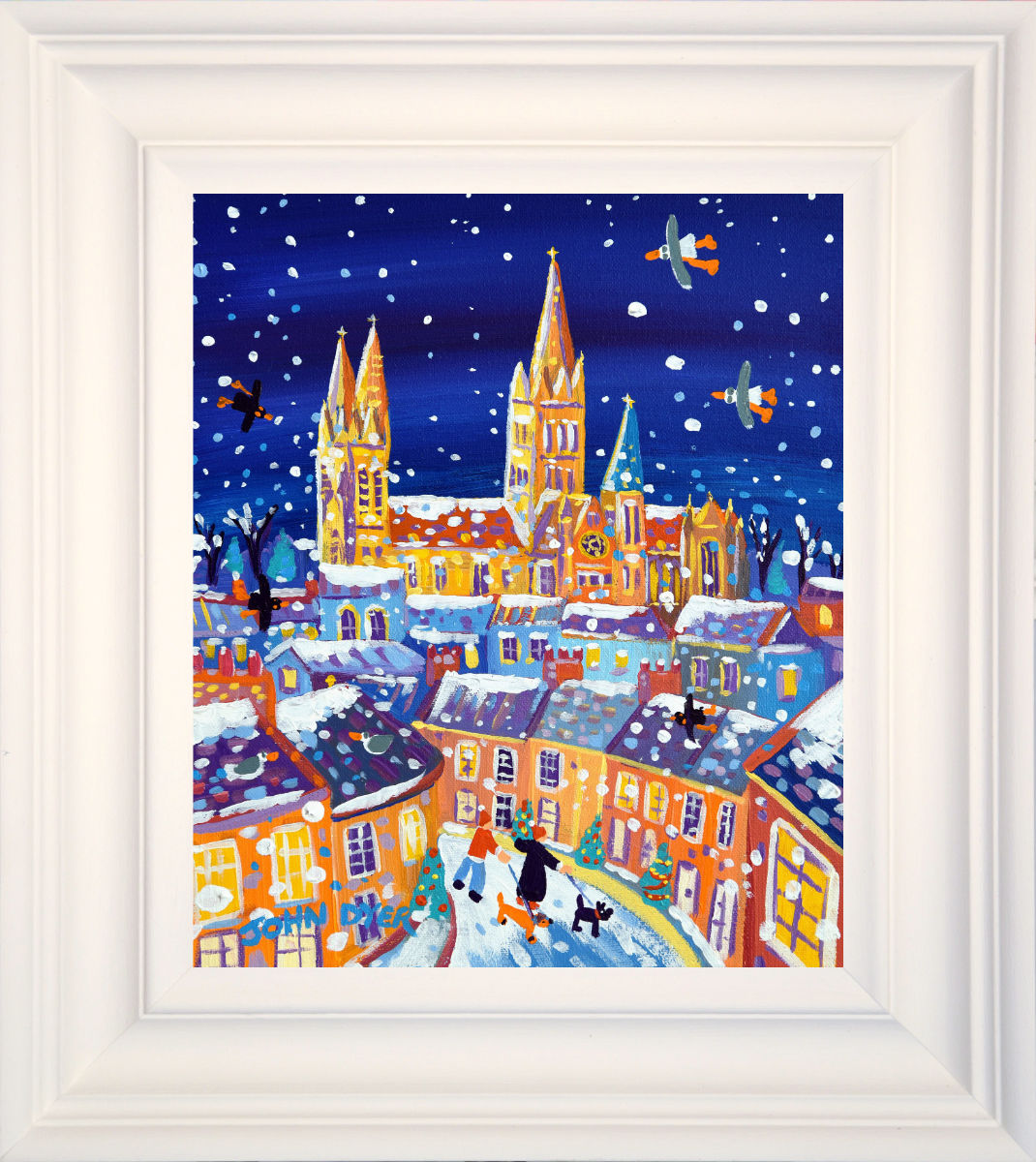 'Flurry of Snow, Truro Cathedral', 12x10 inches acrylic on canvas. Paintings of Cornwall. Cornish Artist John Dyer. Cornwall Art Gallery