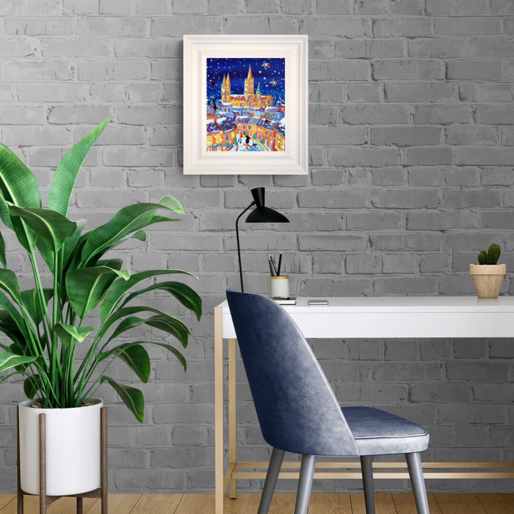 'Flurry of Snow, Truro Cathedral', 12x10 inches acrylic on canvas. Paintings of Cornwall. Cornish Artist John Dyer. Cornwall Art Gallery