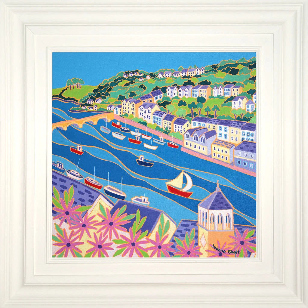 Original Cornish Painting by Joanne Short. 'Boats on the River, Looe'. 18 x 18 inches oil on canvas. Cornwall Art Gallery Joanne Short