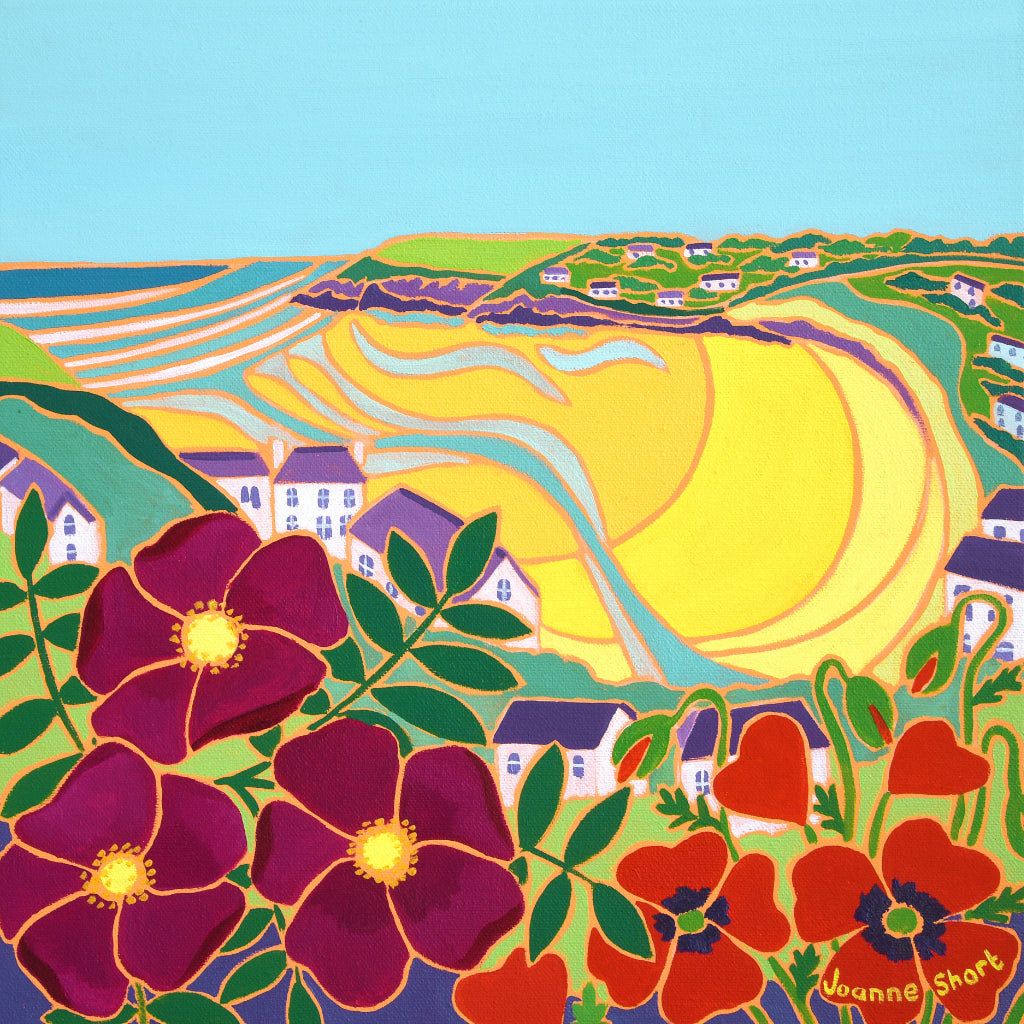 The wonderful beach and landscape of Mawgan Porth on the north coast of Cornwall is captured in this stunning new oil painting by Joanne Short. The foreground is full of rich colour, with beach roses and poppies featuring in the exquisitely constructed composition. The tide is out in the painting and the river at Mawgan Porth meanders its way across the beach with pools of water and golden sand banks interconnecting. A beautiful painting of Cornwall by this acclaimed Cornish artist.