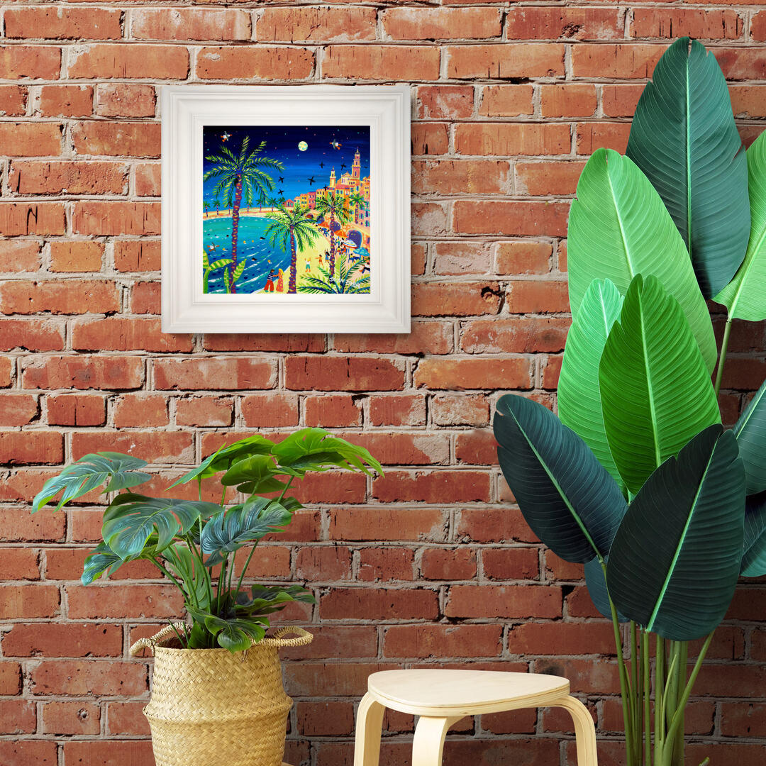 'Love under the Moon, Menton, France', 12x12 inches acrylic on canvas. Paintings of France by British Artist John Dyer. French Art Gallery