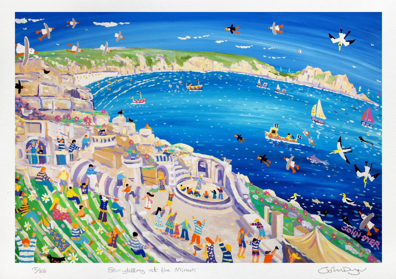 Limited Edition Print by Cornish Artist John Dyer. 'Storytelling at the Minack, Cornwall'. Cornwall Art Gallery Print John Dyer