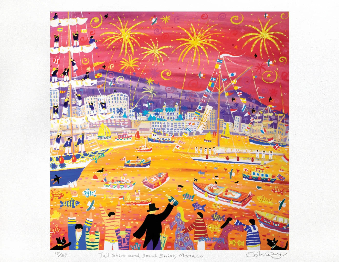 French Limited Edition Print by John Dyer of Monaco Classic Week Sunset. 'Tall Ships and Small Ships, Monaco'. John Dyer