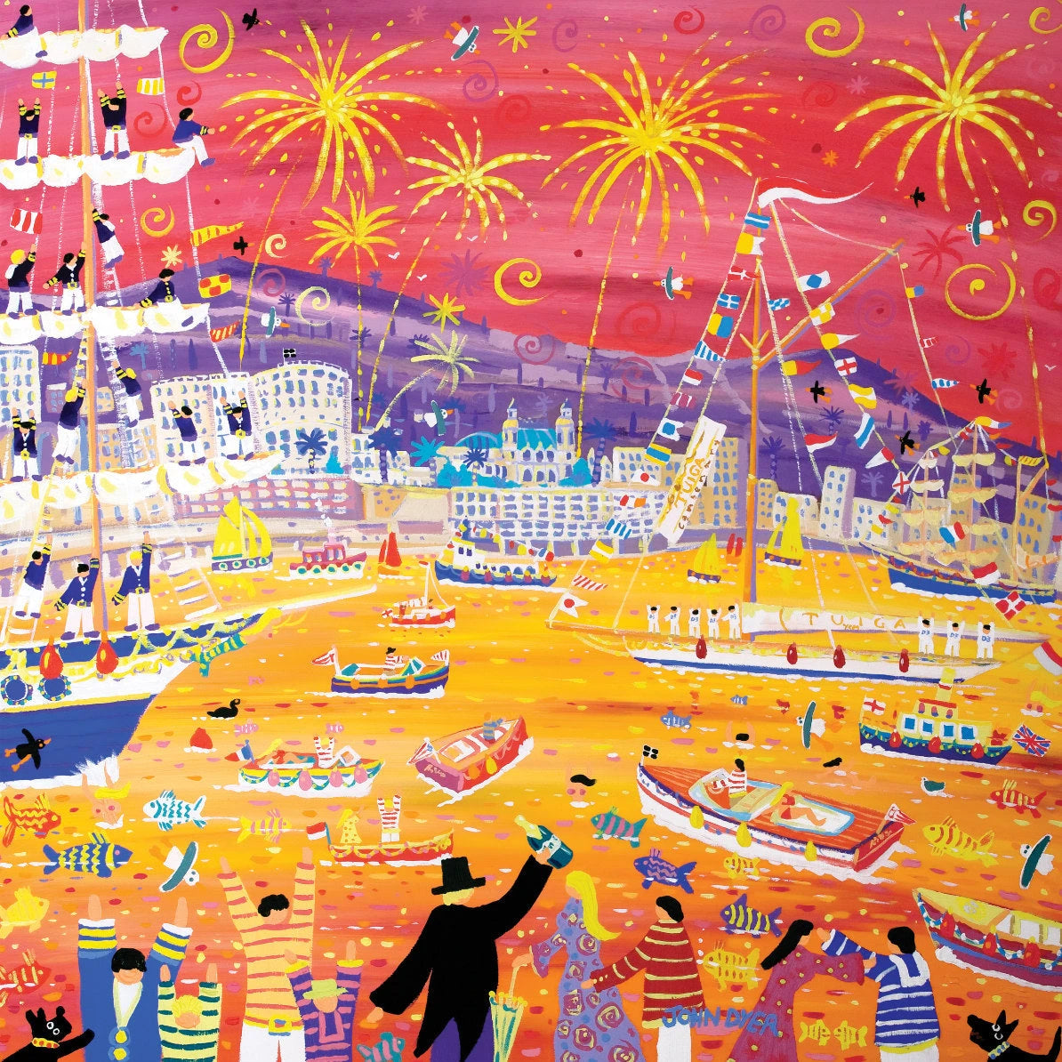 French Limited Edition Print by John Dyer of Monaco Classic Week Sunset. 'Tall Ships and Small Ships, Monaco'. John Dyer