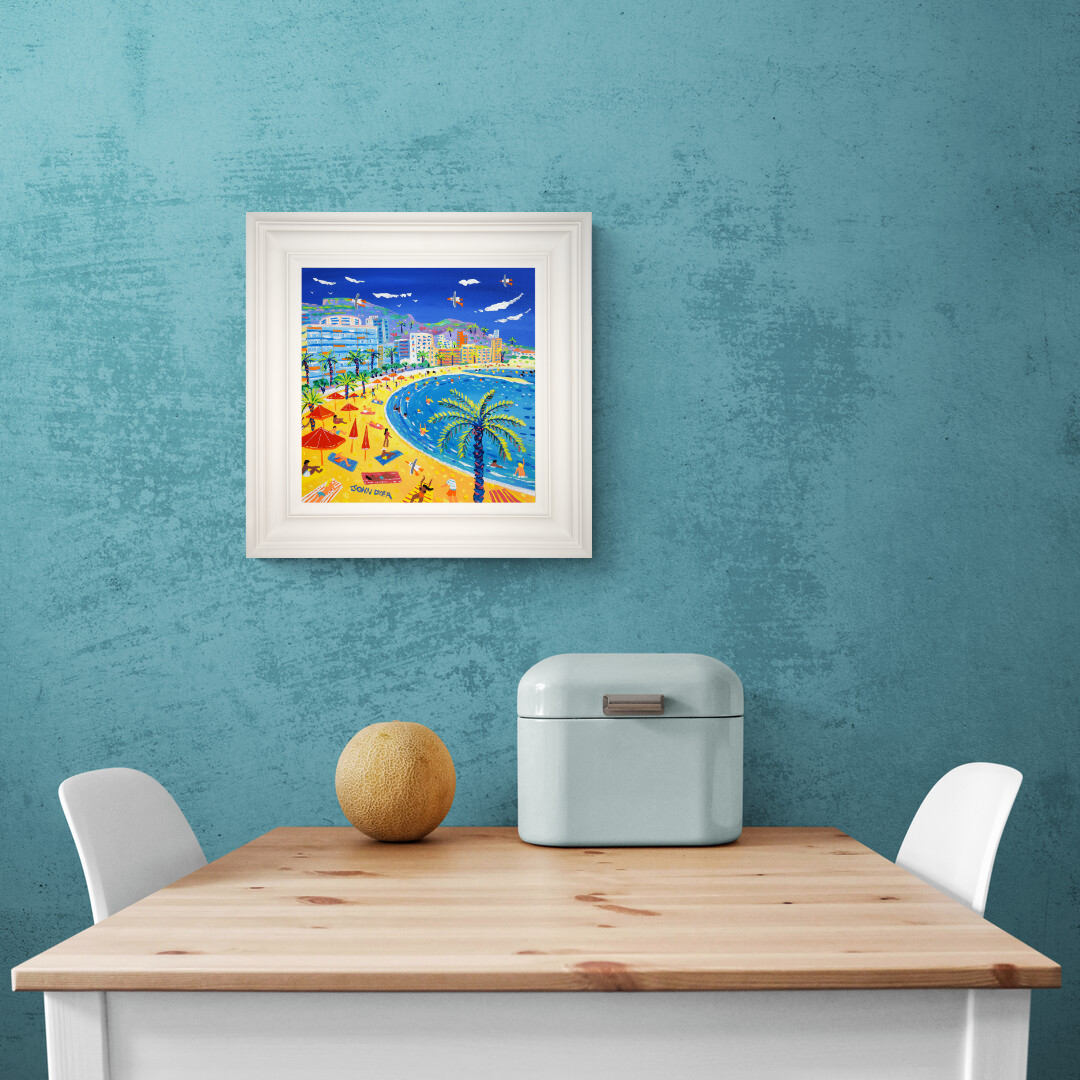 'Soaking up the Sun, Larvotto Beach, Monaco', 12x12 inches acrylic on canvas. Paintings of Monaco by British Artist John Dyer. French Art Gallery