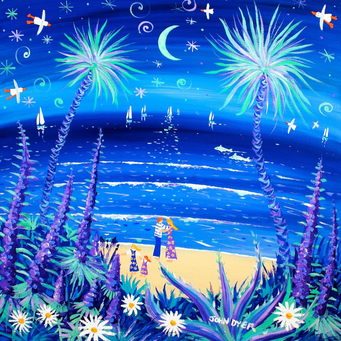 Limited Edition Print by Cornish Artist John Dyer. 'Moonlit Lovers'. Cornwall Art Gallery Print John Dyer