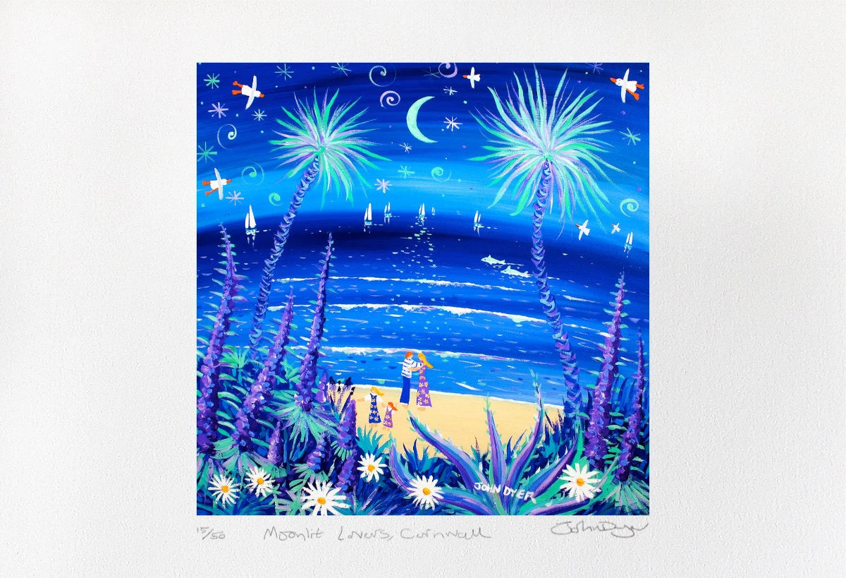 Limited Edition Print by Cornish Artist John Dyer. 'Moonlit Lovers'. Cornwall Art Gallery Print John Dyer