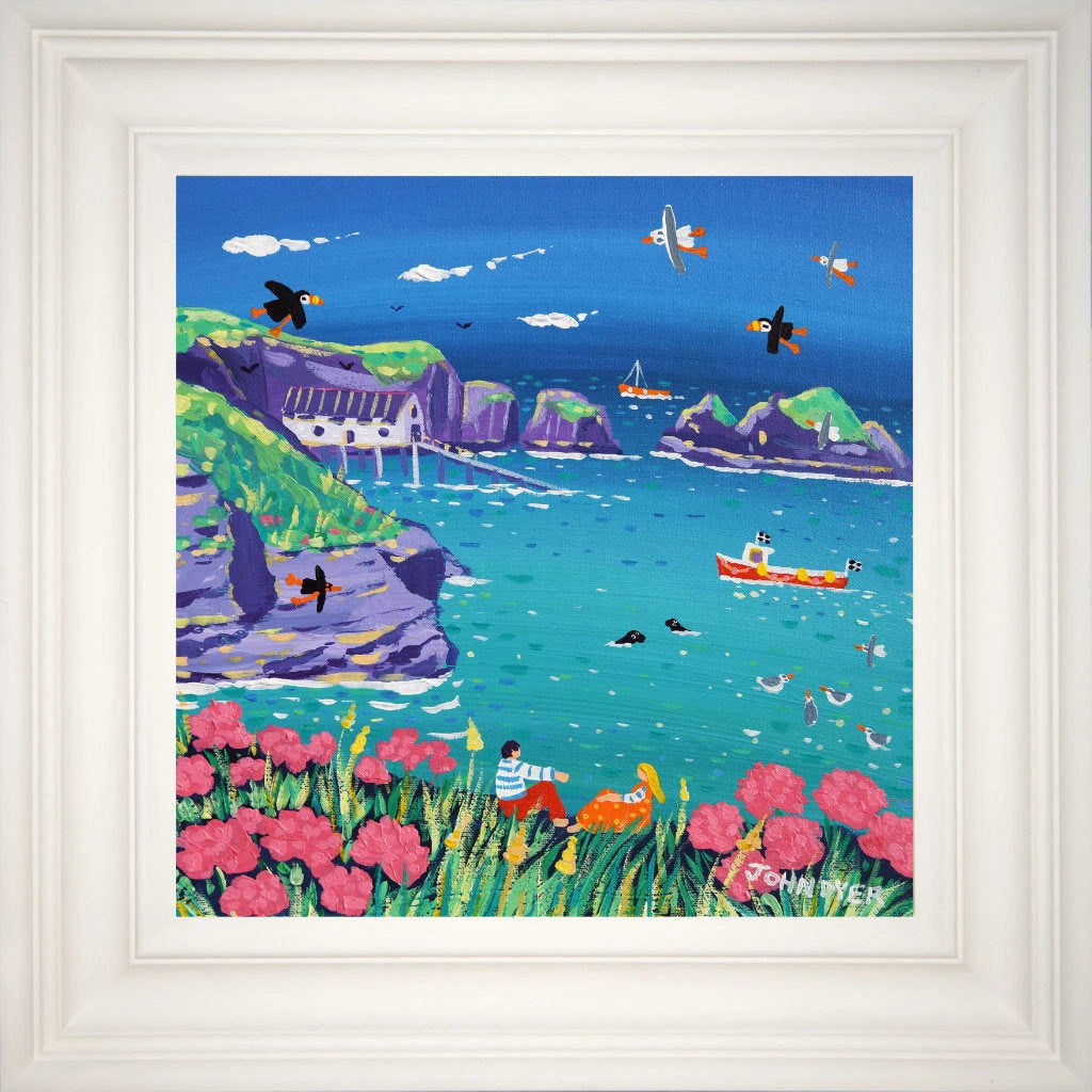 'Sea Pinks and Seals, Mother Ivey's Bay', 12x12 inches acrylic on canvas. Paintings of Cornwall by Cornish Artist John Dyer. Cornwall Art Gallery John Dyer