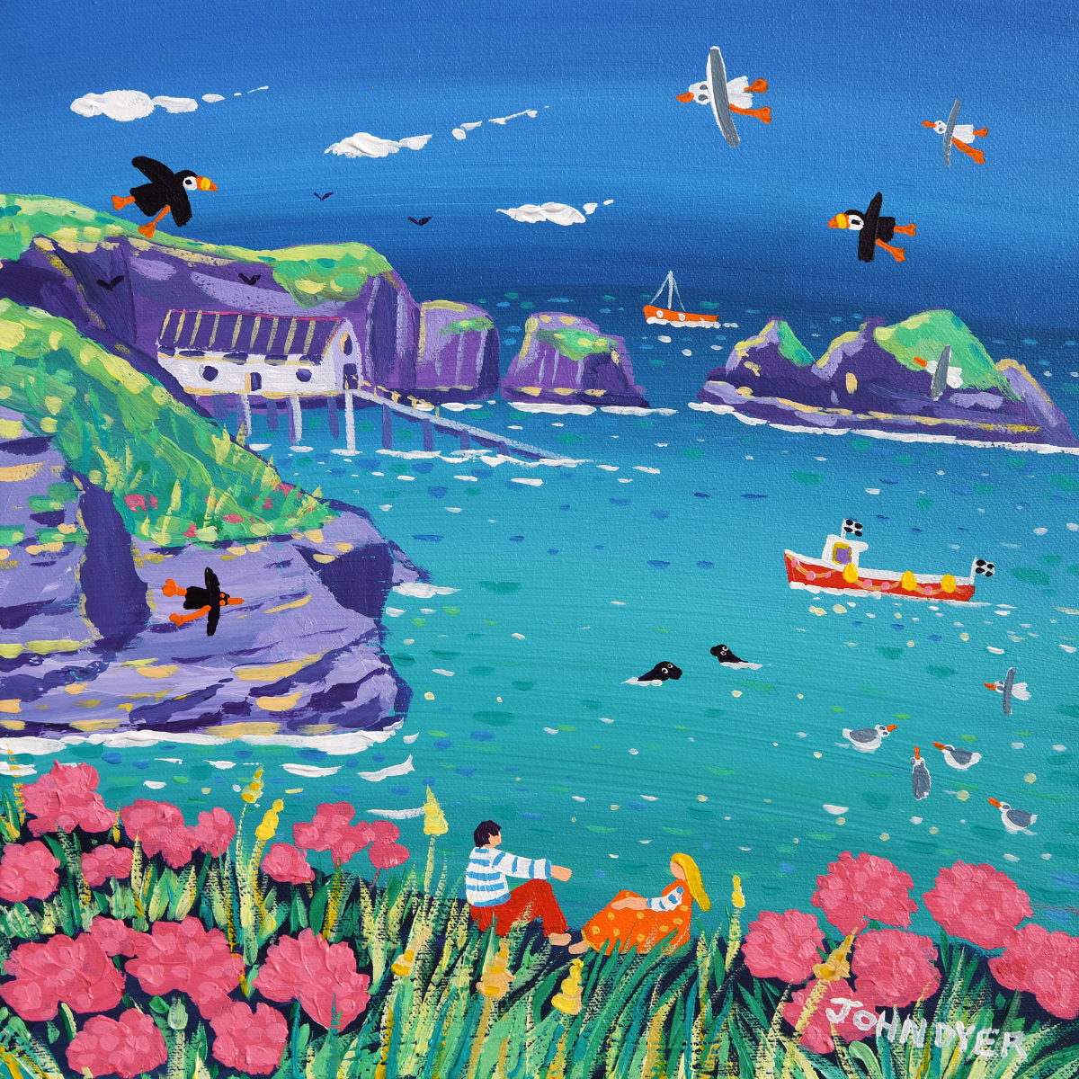 'Sea Pinks and Seals, Mother Ivey's Bay', 12x12 inches acrylic on canvas. Paintings of Cornwall by Cornish Artist John Dyer. Cornwall Art Gallery John Dyer