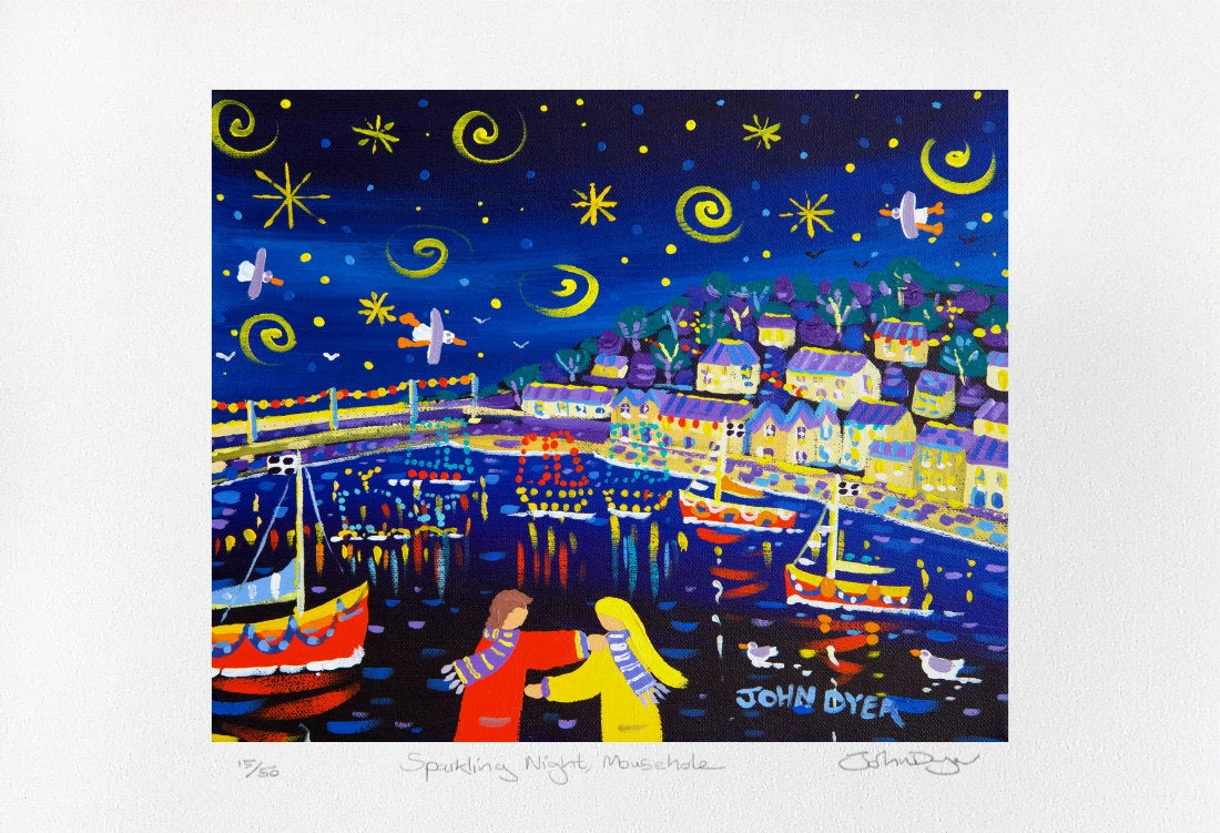 John Dyer Cornish Art Limited Edition Print. 'Sparkling Night, Mousehole'. Cornwall Art Gallery Print. John Dyer