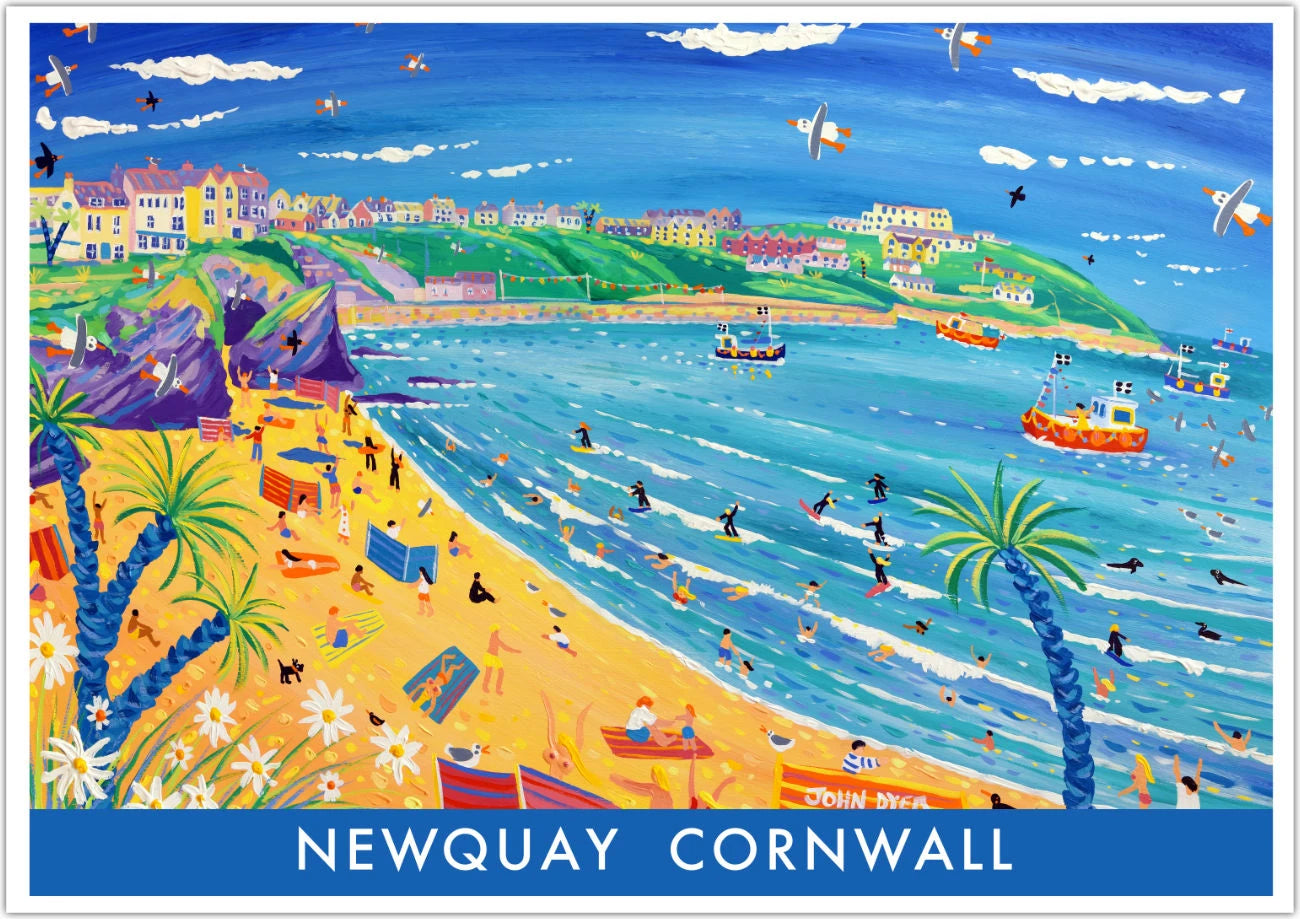 Cornish Art Print of Great Western Beach, Newquay in Cornwall by Cornish Artist John Dyer. Cornwall Art Gallery, Vintage Style Posters John Dyer