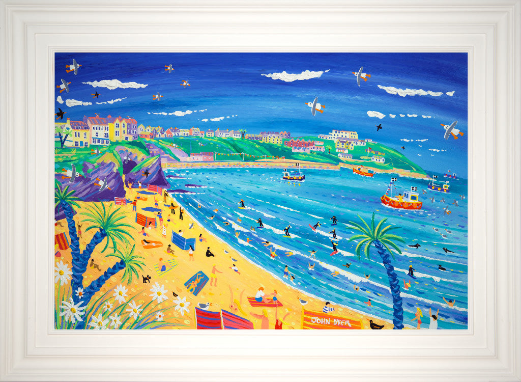 'Surfing and Sunbathing, Great Western Beach, Newquay', 24 x 36 inches, acrylic on board. Cornwall Art Gallery Original Art Painting by Cornish Artist John Dyer