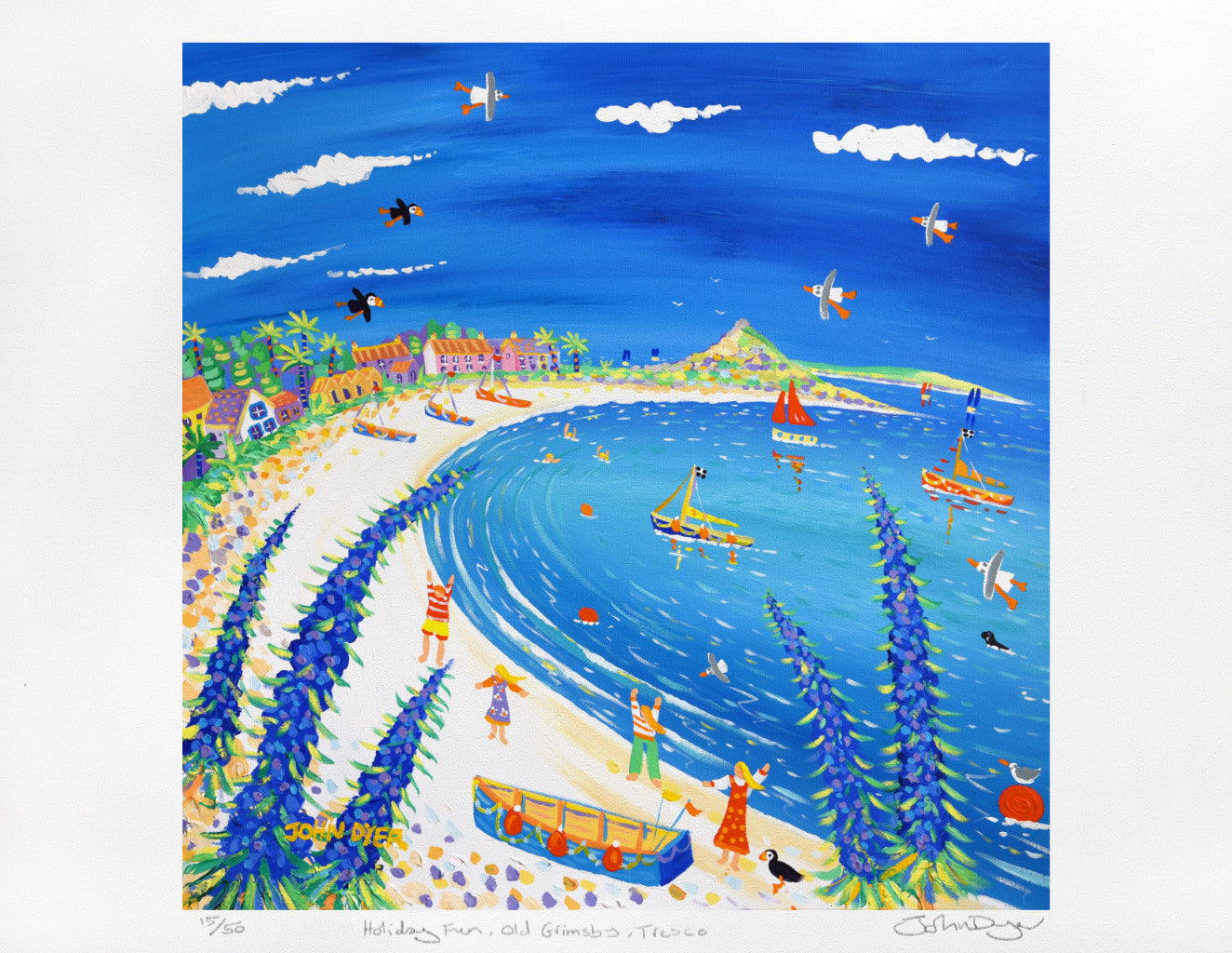 Limited Edition Print by Cornish Artist John Dyer. 'Holiday Fun, Old Grimsby, Tresco'. Cornwall Art Gallery Print