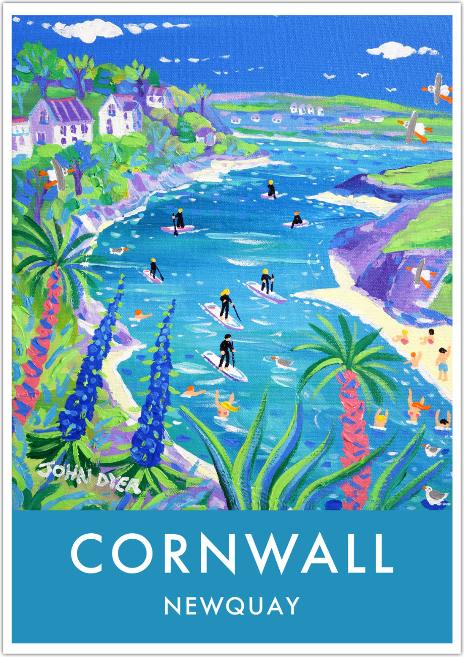 Cornish Art Print of Paddleboarding on the Gannel Estuary, Newquay in Cornwall by Cornish Artist John Dyer. Cornwall Art Gallery, Vintage Style Posters