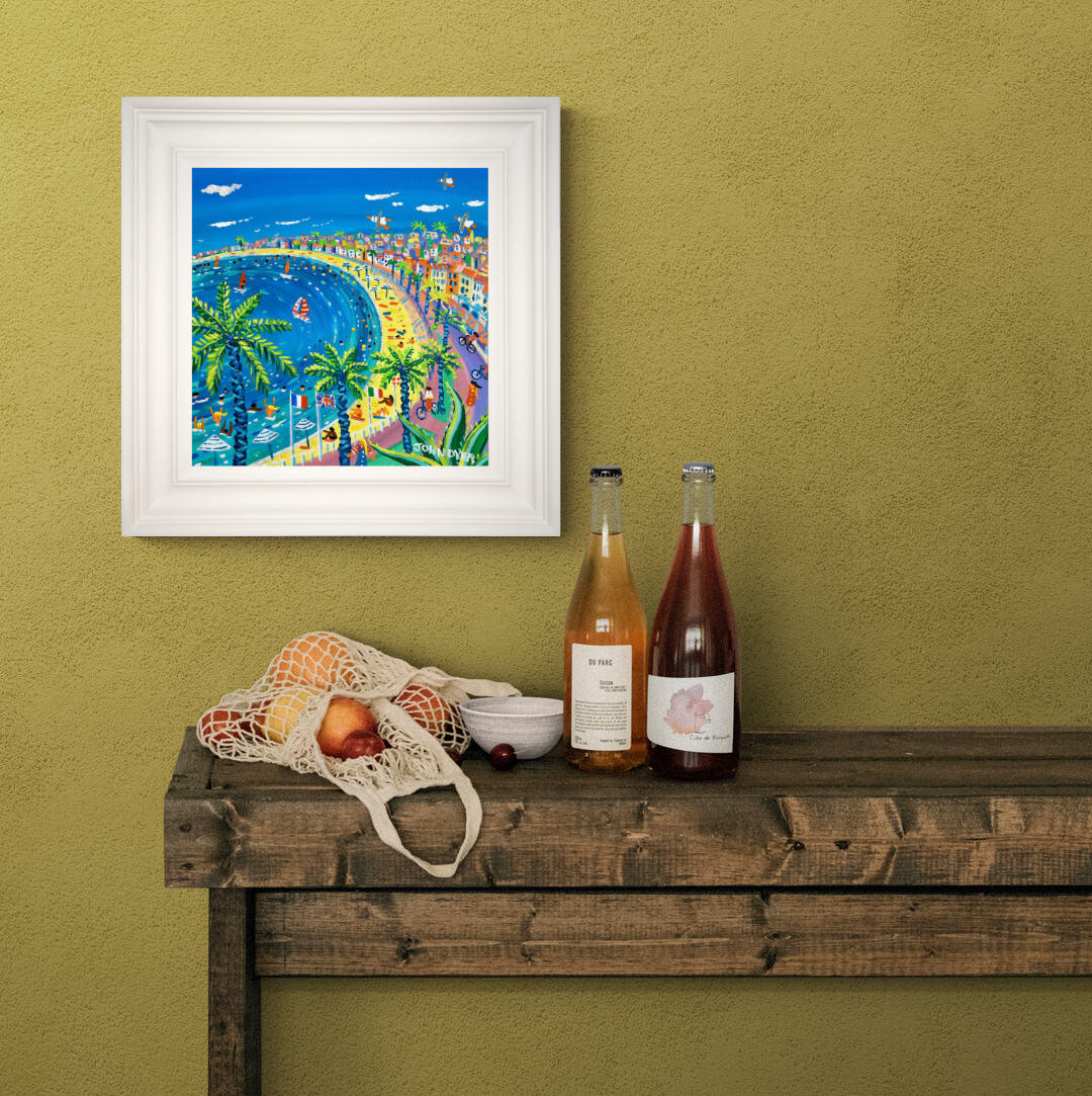 'Cycling and Swimming in Nice', 12x12 inches acrylic on canvas. Paintings of France by British Artist John Dyer. French Art Gallery