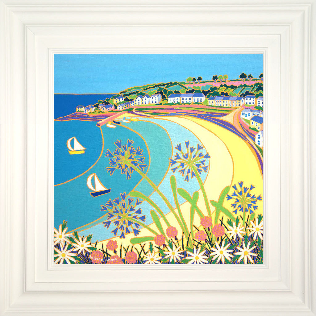 Joanne Short Painting. Agapanthus on the Coast Path, Portscatho. 18 x 18 inches oil on canvas