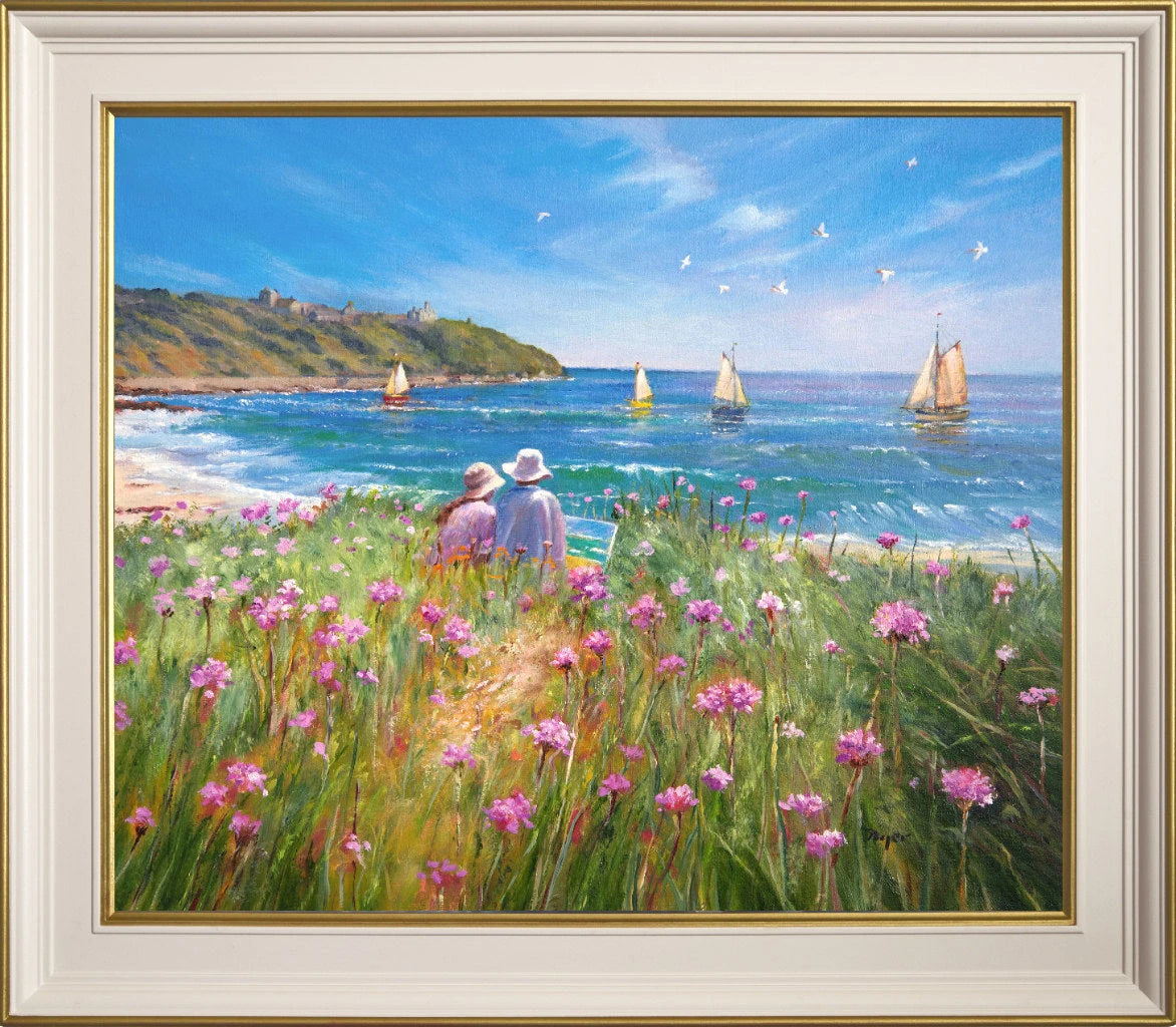 'Sea Pinks and Painters. Falmouth', 20x24 inches oil on canvas by Ted Dyer. Cornwall Art Gallery Seascape Painting Ted Dyer