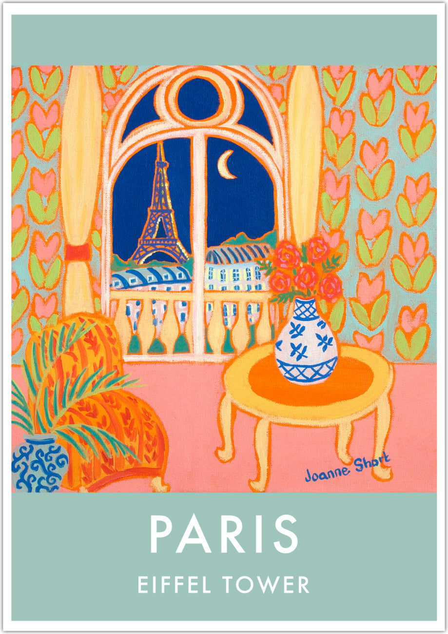 French Print of the Eiffel Tower, Paris. Vintage Style Interior Poster Art Print by Joanne Short. France Wall Art