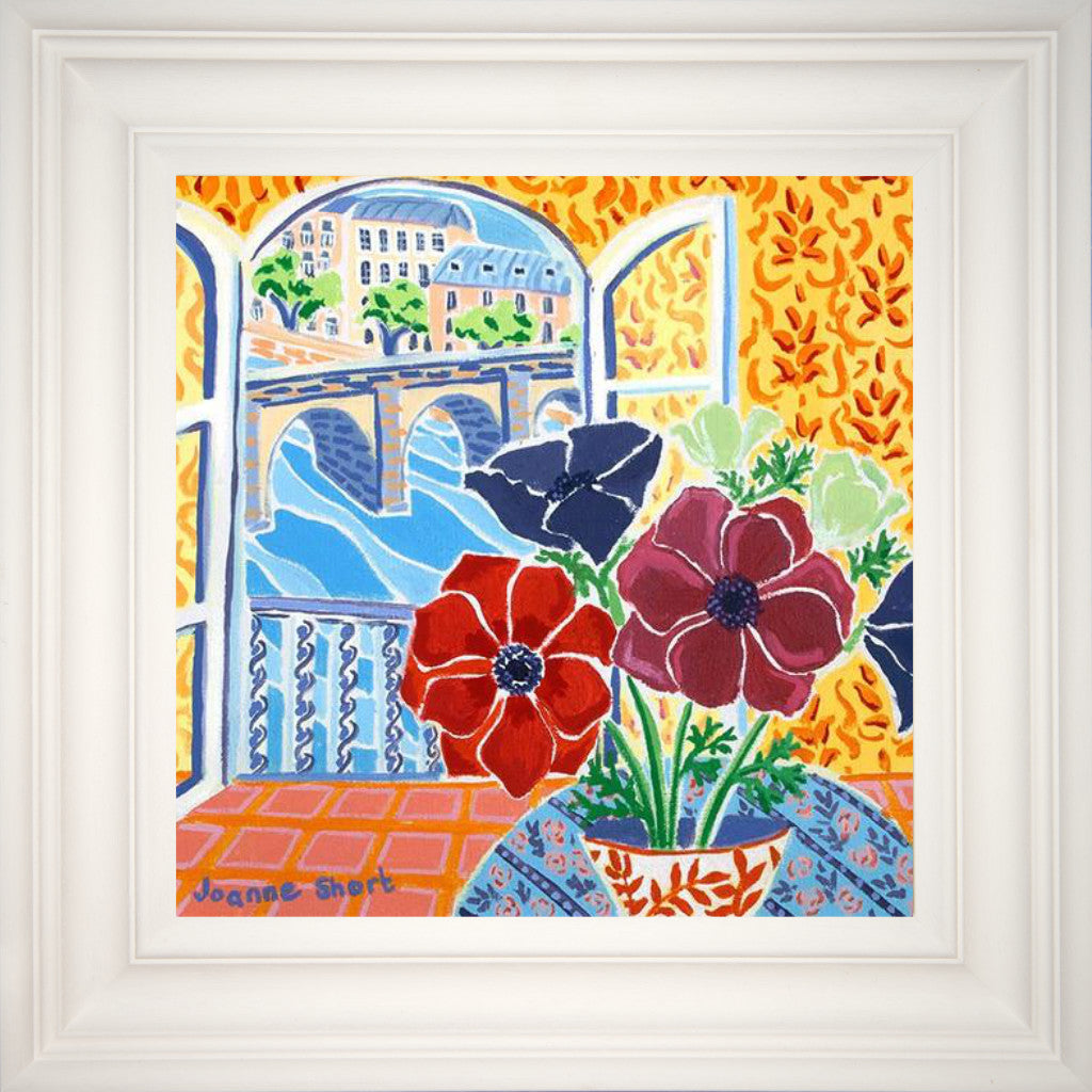 Original painting by Joanne Short. Anemones overlooking La Seine Paris. 12 x 12 inches oil on canvas