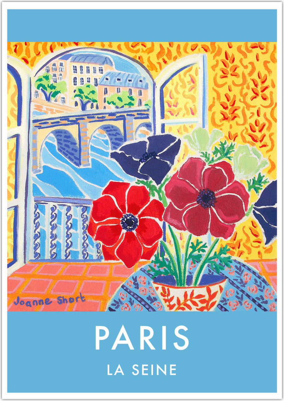 French Print of french anemones and the view to the River Seine, Paris. Vintage Style Interior Poster Art Print by Joanne Short. France Wall Art