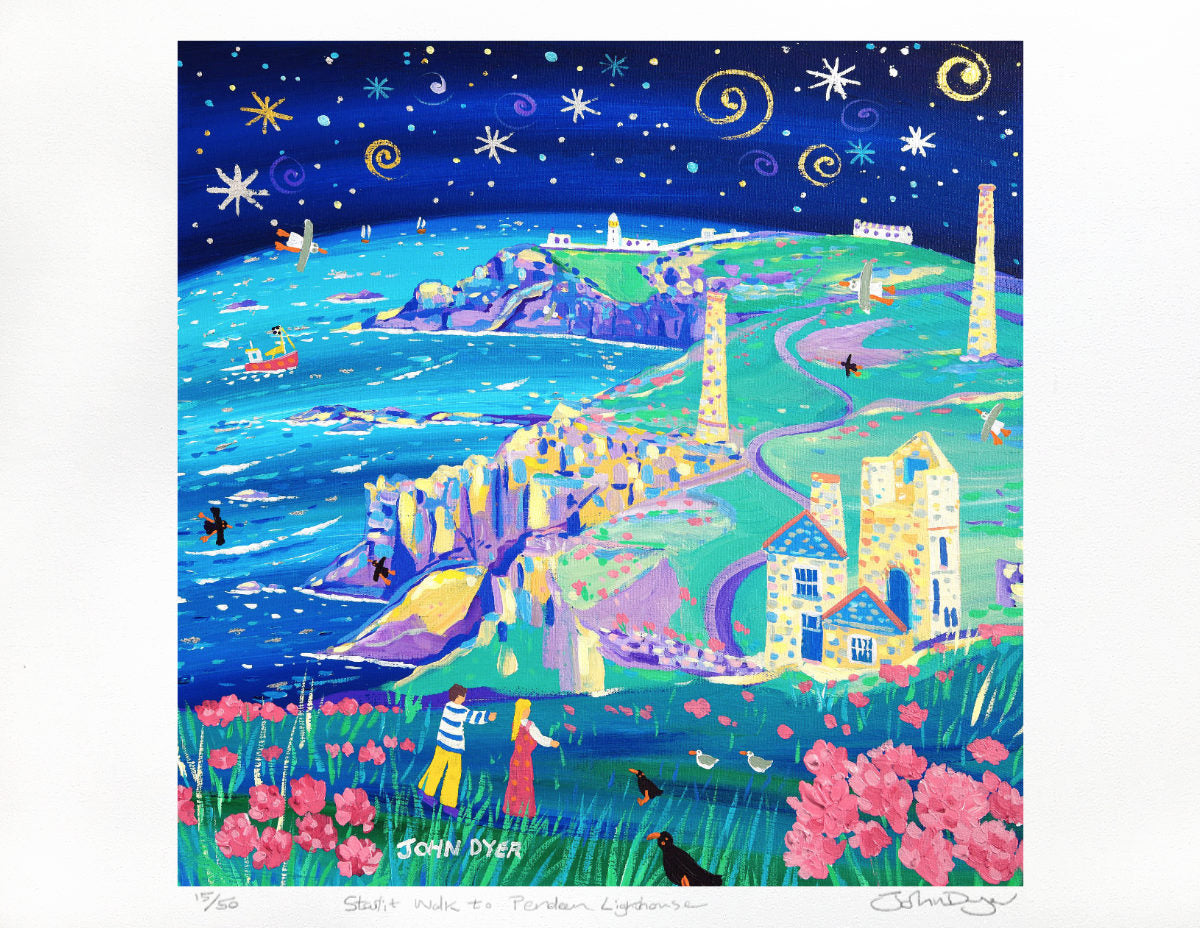 Limited Edition Print by Cornish Artist John Dyer. 'Starlit Walk to Pendeen Lighthouse'. Cornwall Art Gallery Print