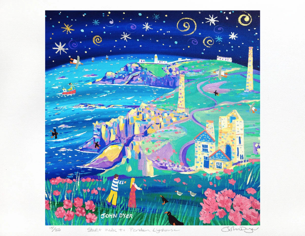 Limited Edition Print by Cornish Artist John Dyer. 'Starlit Walk to Pendeen Lighthouse'. Cornwall Art Gallery Print John Dyer
