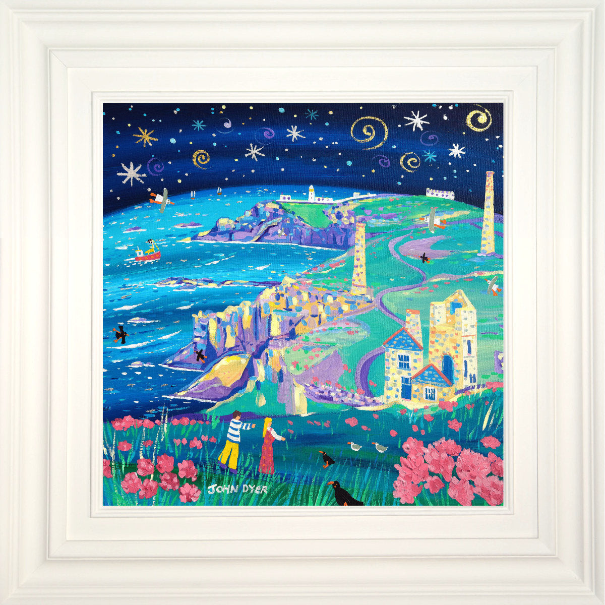 'Starlit Walk to Pendeen Lighthouse'. 18x18 inches original art acrylic on canvas. Paintings of Cornwall by Artist John Dyer. Cornwall Art Gallery John Dyer