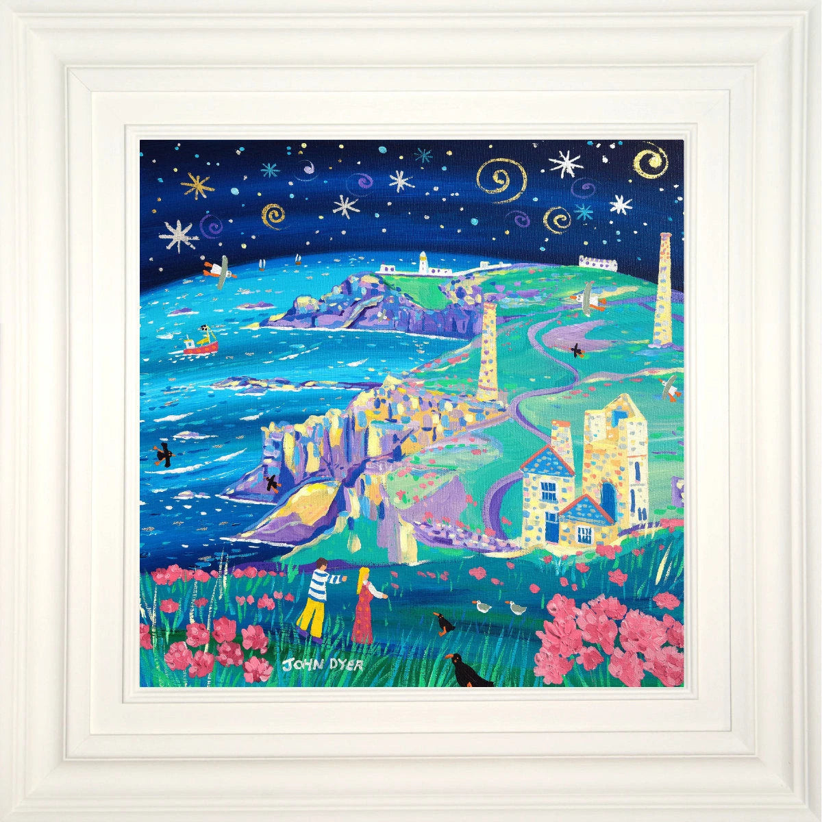 'Starlit Walk to Pendeen Lighthouse'. 18x18 inches original art acrylic on canvas. Paintings of Cornwall by Artist John Dyer. Cornwall Art Gallery John Dyer