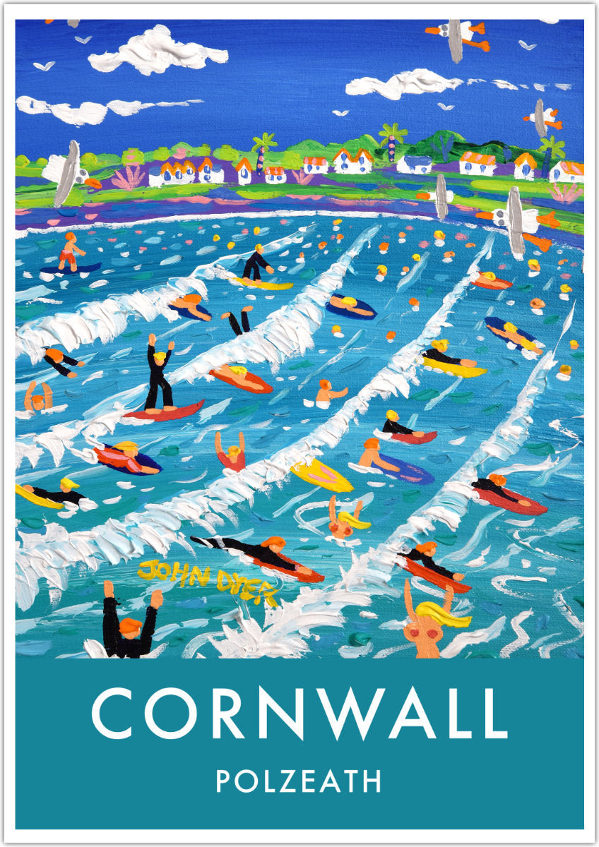 Vintage Style Travel Art Poster Print of Polzeath Beach with Surfers by John Dyer