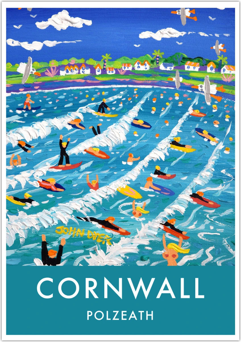 Vintage Style Travel Art Poster Print of Polzeath Beach with Surfers by John Dyer. Cornwall Art Gallery John Dyer