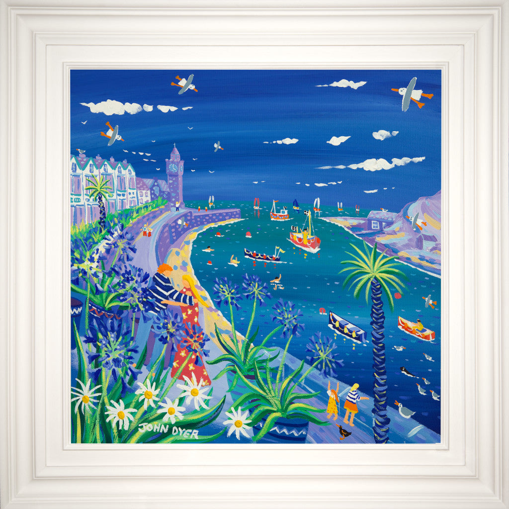 What could be more romantic than a cuddle and a squeeze overlooking this famous double harbour in Porthleven? In this original oil painting Cornish artist John Dyer captures the romance and beauty of this pretty seaside Cornish village. Boats potter in and out of the harbour, past the iconic church tower, people take leisurely strolls or swim in the harbour and agapanthus sway in the breeze. This is a perfect summer’s day full of sunshine and love.