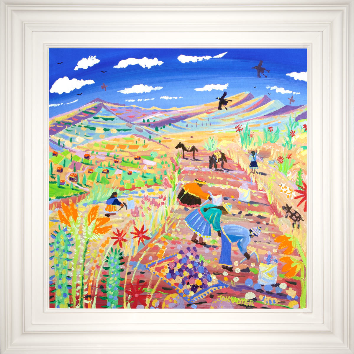 'The Potato Harvest, Amaru, Peru'. 24x24 inches acrylic on canvas. Paintings of Peru by John Dyer from our Online Art Gallery