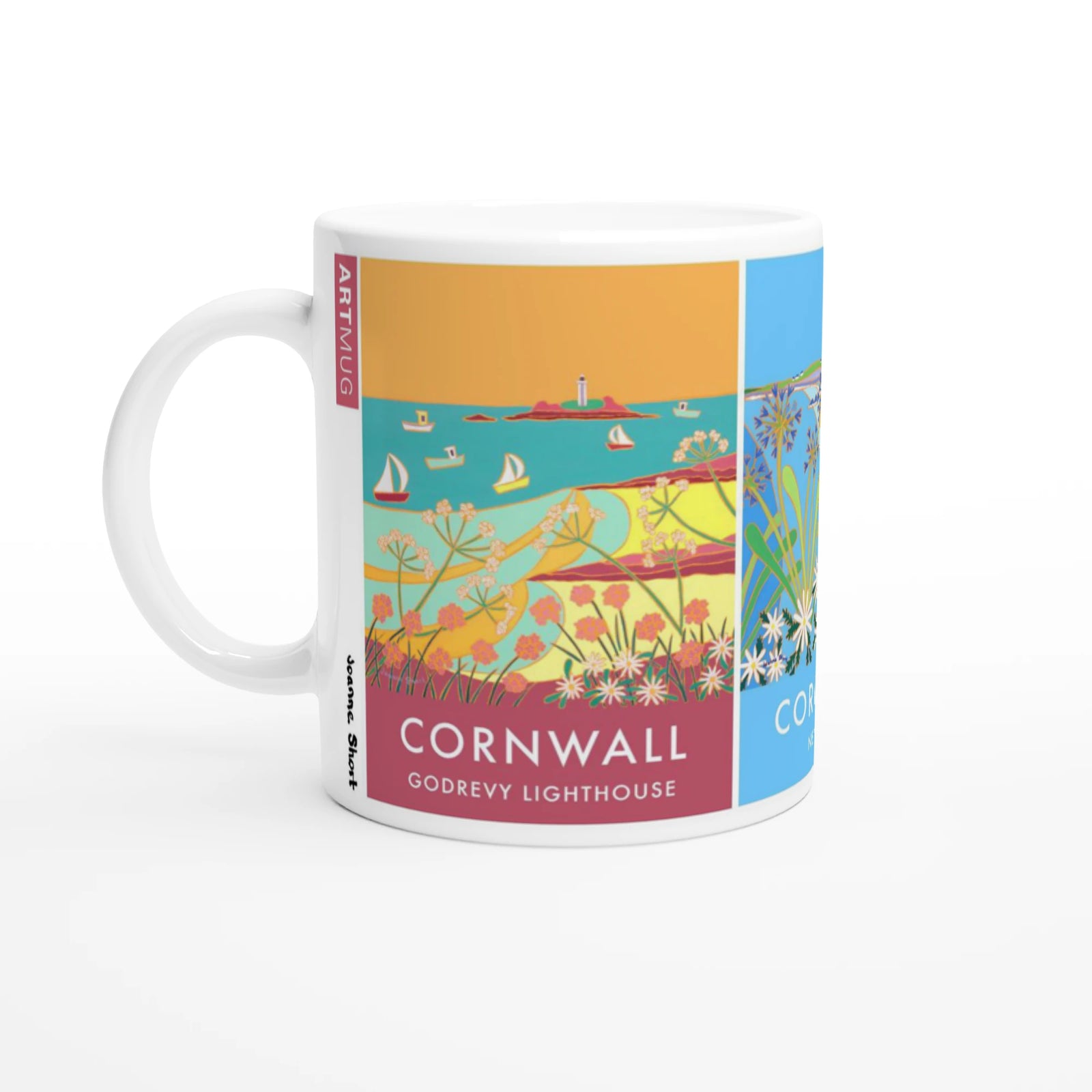 Joanne Short Ceramic Cornish Art Mug featuring Godrevy, Newquay and Holywell Bay in Cornwall Joanne Short