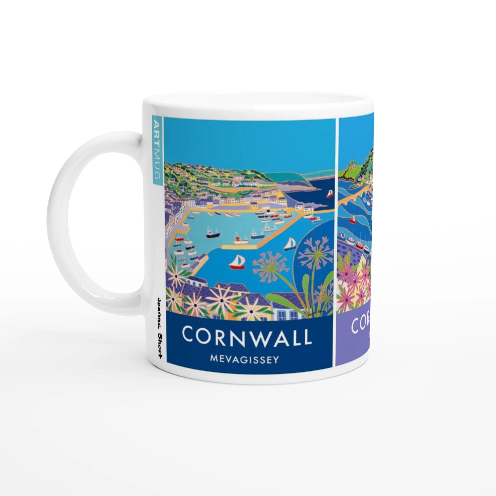 Joanne Short Ceramic Cornish Art Mug, Mevagissey, Looe and Polperro Cornish Fishing Villages Joanne Short
