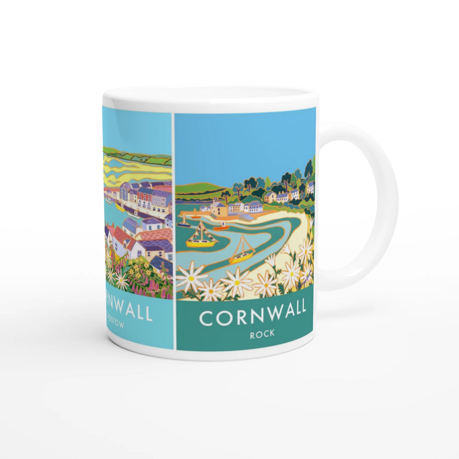 Joanne Short Ceramic Cornish Art Mug featuring Padstow Harbour, Padstow and Rock in Cornwall Joanne Short