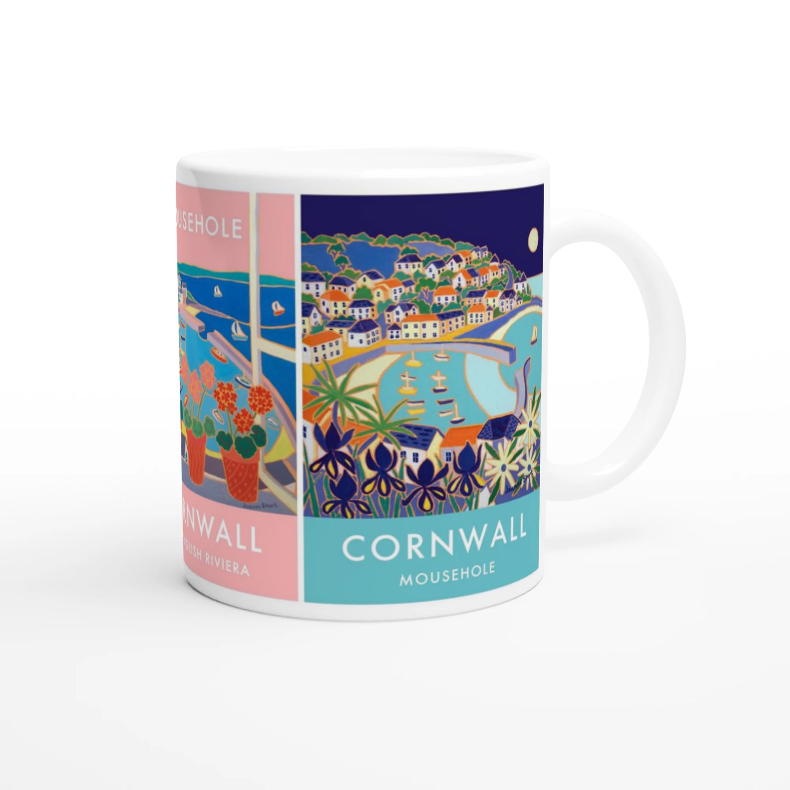 Joanne Short Ceramic Cornish Art Mug featuring St Ives and Mousehole on the Penwith Peninsula in Cornwall Joanne Short