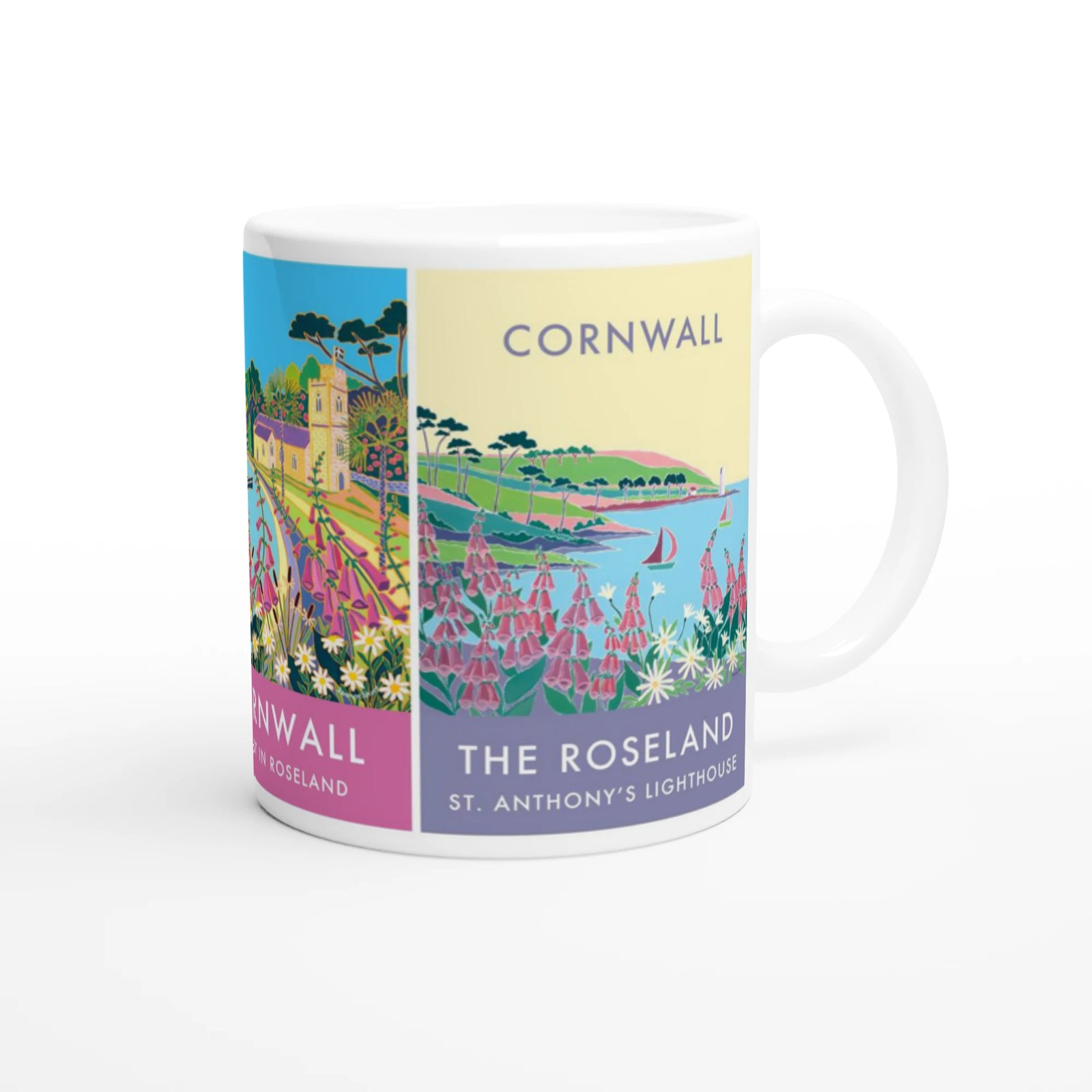 Joanne Short Ceramic Cornish Art Mug featuring the Roseland in Cornwall, St Mawes, St Just in Roseland and St Anthony's Lighthouse Joanne Short