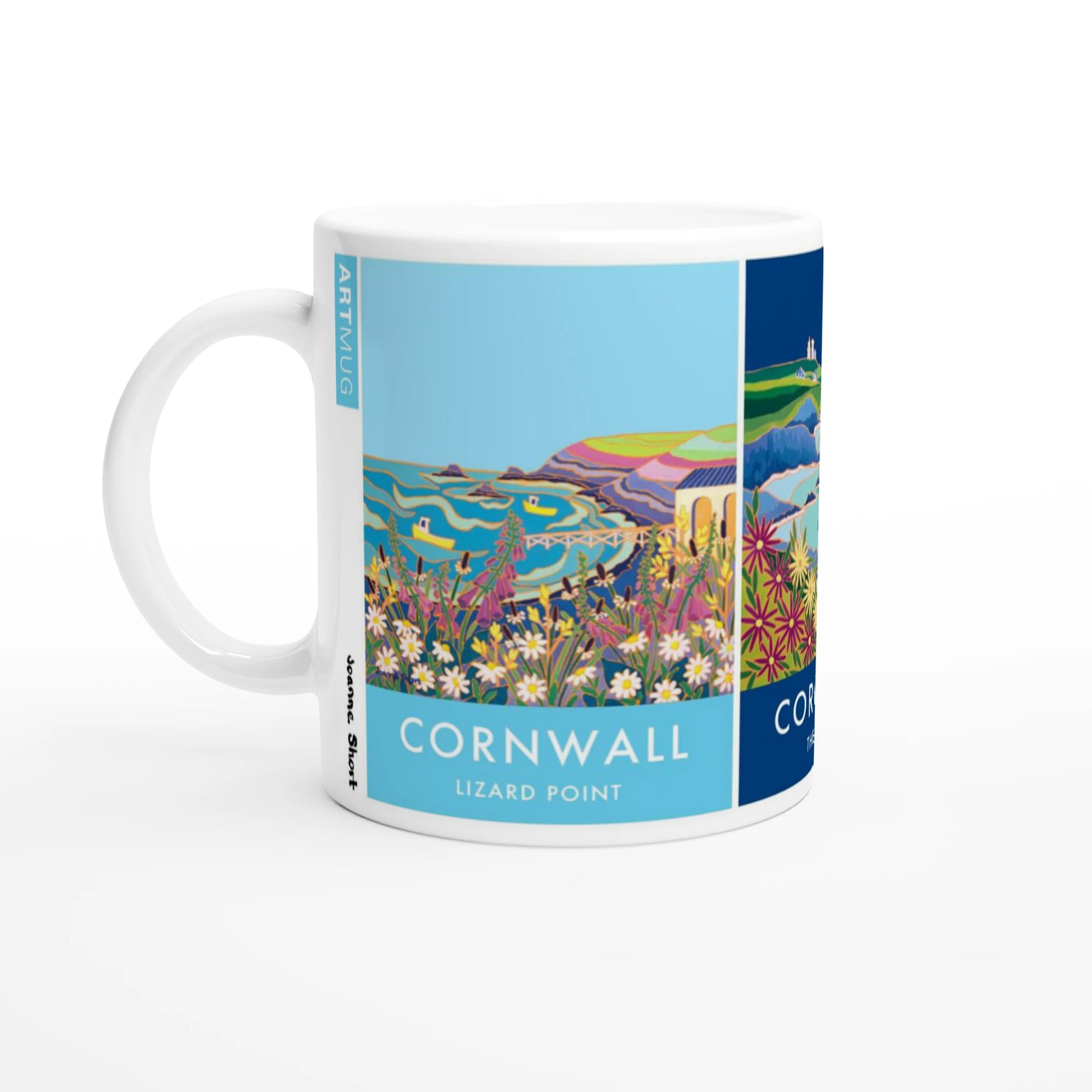 Joanne Short Ceramic Cornish Art Mug featuring Lizard Peninsula, Lizard Point, Lizard Lighthouse and Poldhu Cove Joanne Short