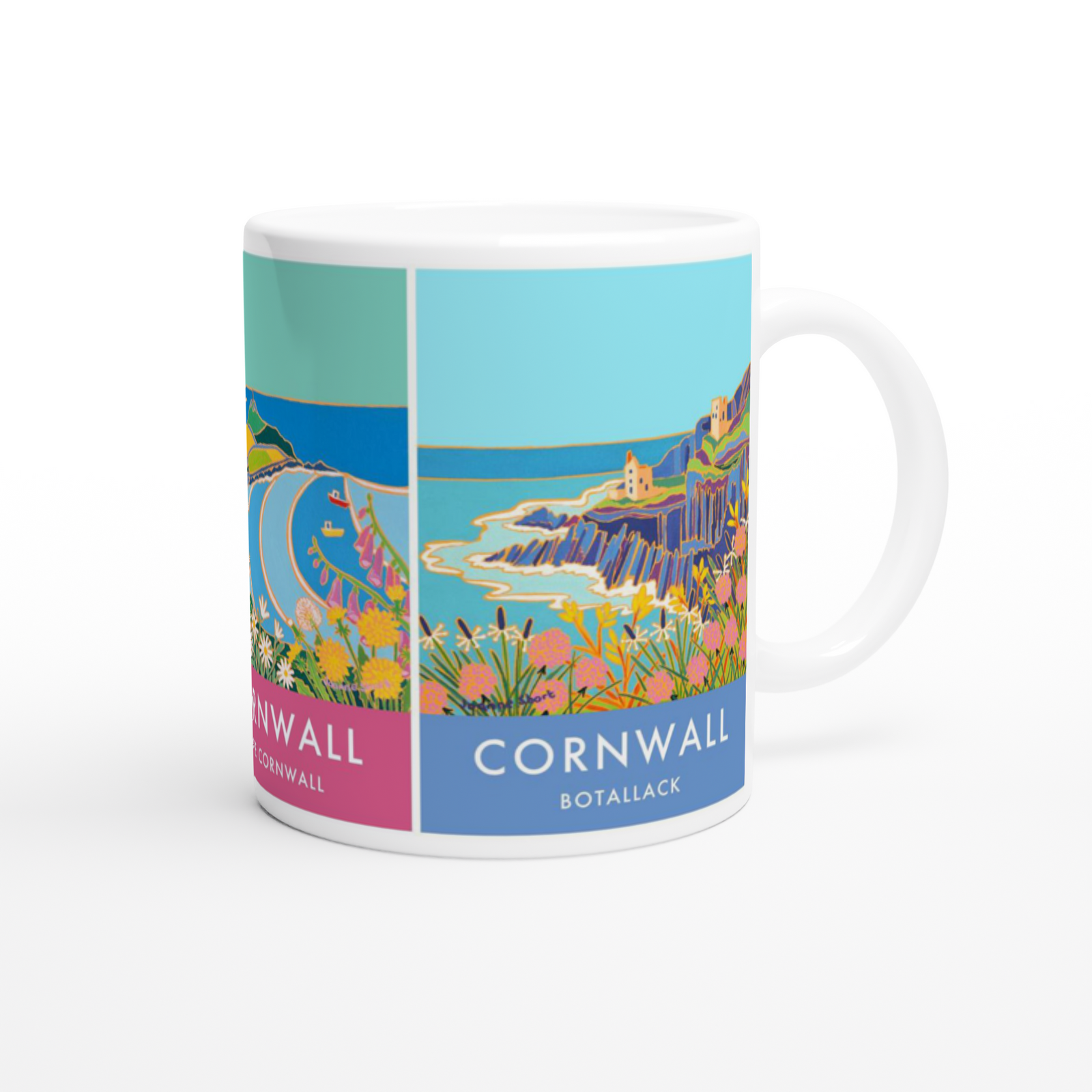 Joanne Short Ceramic Cornish Art Mug featuring Chapel Porth, Cape Cornwall and the Tin Mines of Botallack Joanne Short