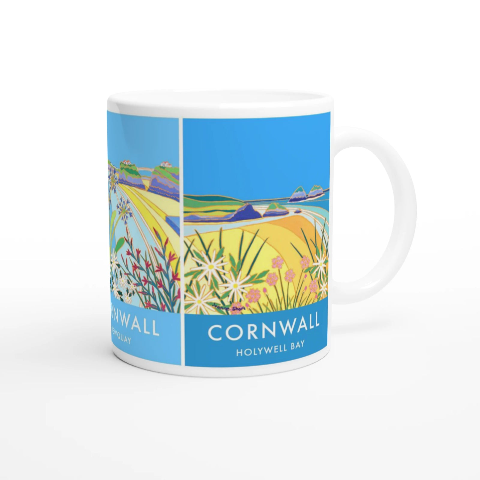 Joanne Short Ceramic Cornish Art Mug featuring Godrevy, Newquay and Holywell Bay in Cornwall Joanne Short
